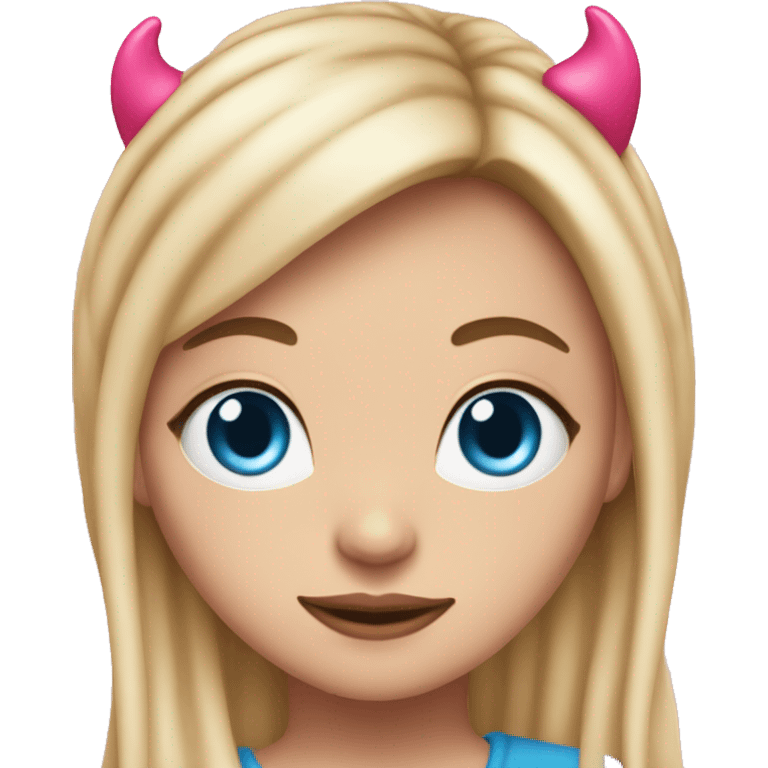 white girl with long blonde hair and curtain bangs. pink hearts on her cheeks and blue eyes with a pink devil headband on her head  emoji