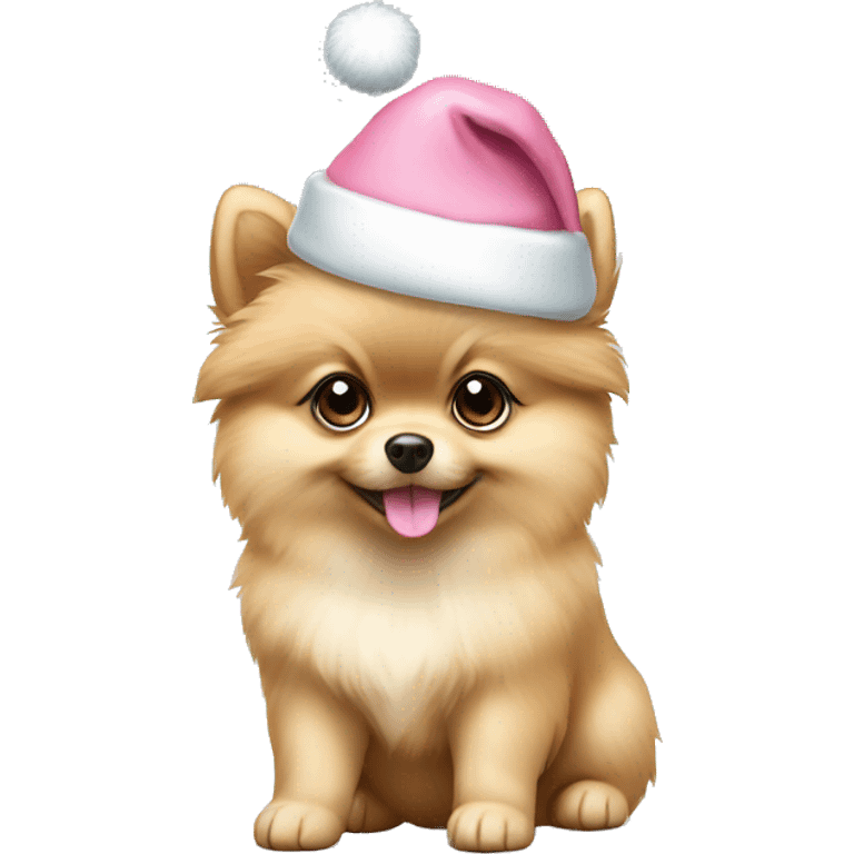 beige pomeranian puppy full body light blue eyes pink christmas hat on emoji