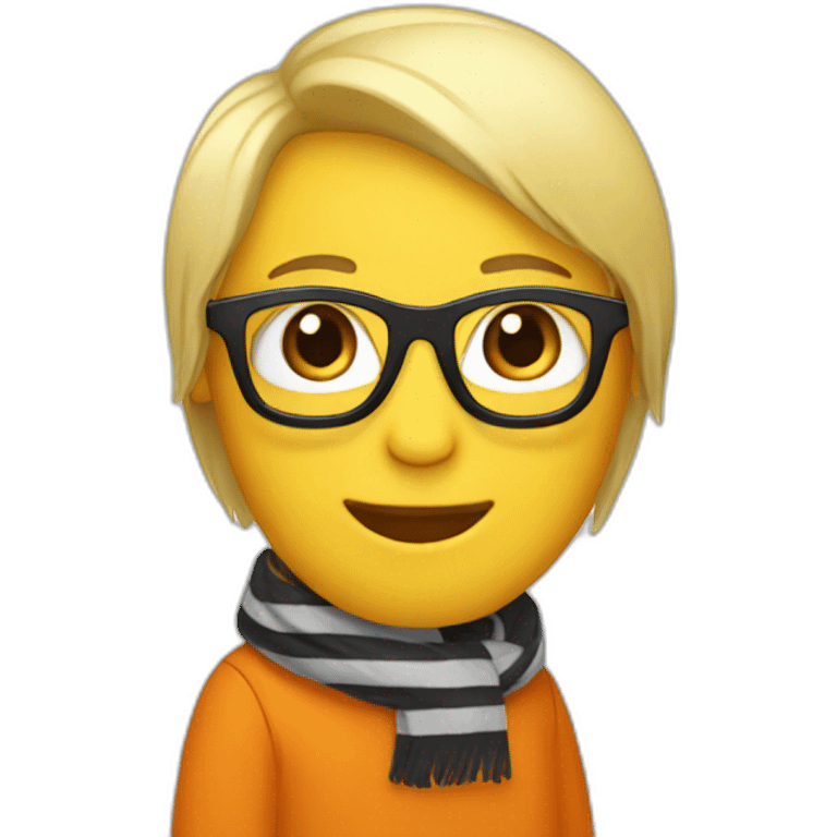 yellow penguin with black glasses blonde hair with orange tshirt and gray striped scarf emoji