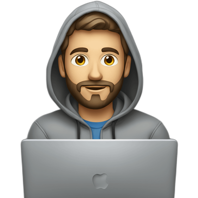 A project manager in a gray hoodie and with a short beard in front of an apple laptop emoji