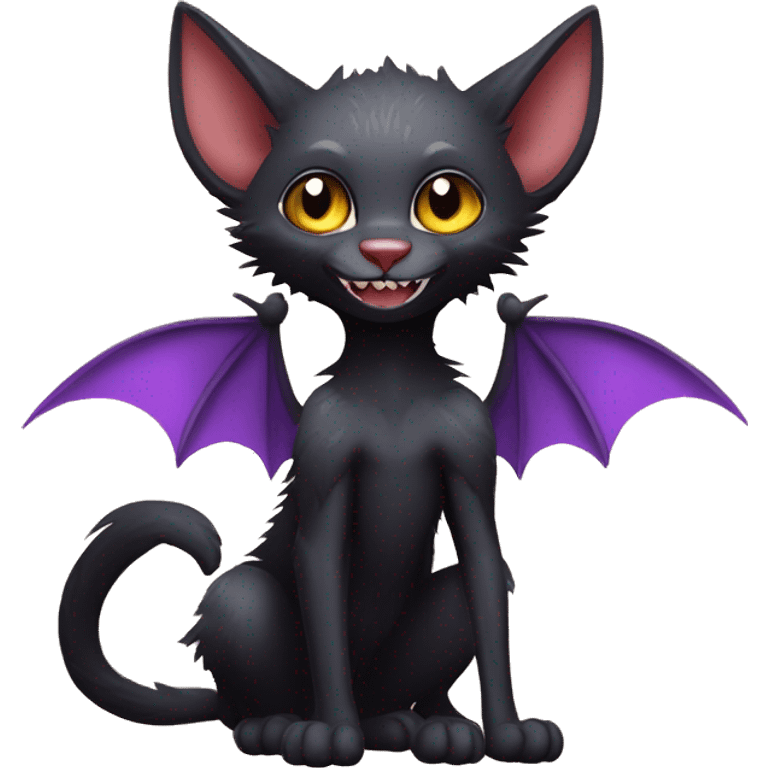 Black vampiric magical Lykoi Cat-Fakémon with big fangs and bat wings on head and bat wings on back full body emoji