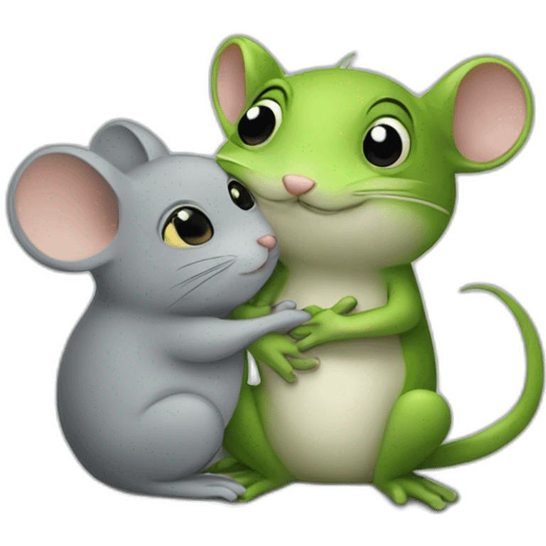 Grey Mouse hugs frog emoji