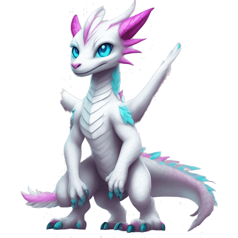 White elegant beautiful natural cute badass epic anthro modern albino Dutch Angel Dragon-vernid-Fakémon with cyan mane and magenta eyes with cyan edgy stripes, anthropomorphic, two-legged, digitigrade, full body emoji