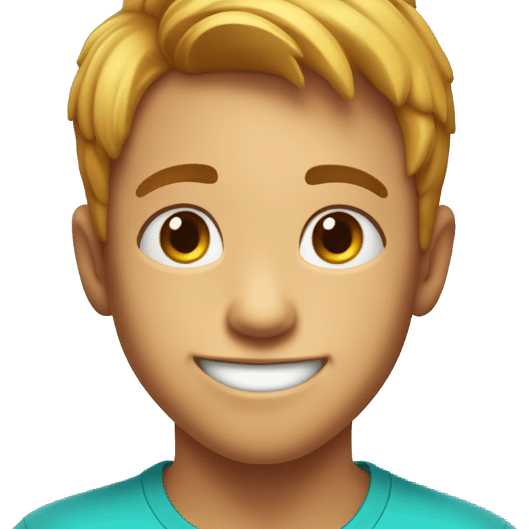 A cute boy with short hair and a bright smile, wearing a colorful T-shirt, with a few freckles on his cheeks. emoji