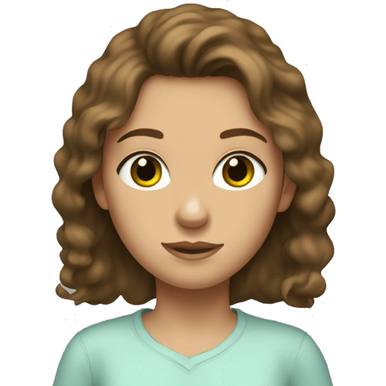 girl with shaggy shirt brown hair, green hazel eyes, faint freckles, and a light blue shirt emoji