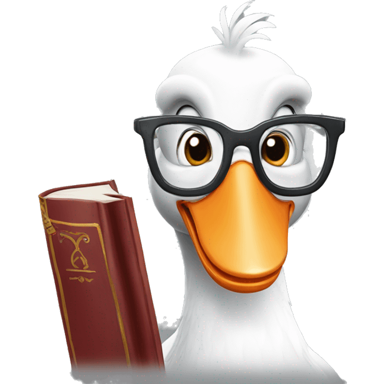 Funny goose in glasses with a book emoji