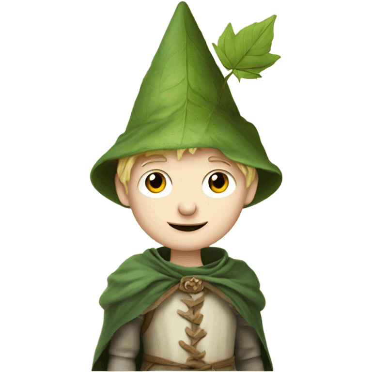 whimsical fairytale medieval pale boy who is tiny and wearing a leaf hat emoji