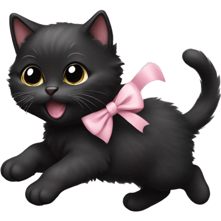 fluffy black fat kitten running with pale pink bow emoji