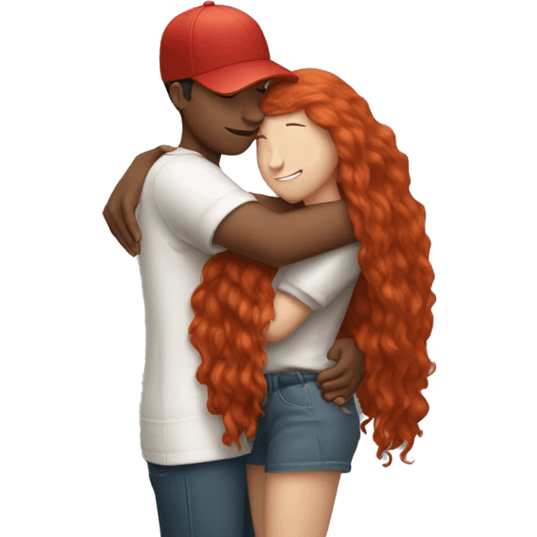 Girl with long red hair hugging tall boy with backwards baseball hat emoji