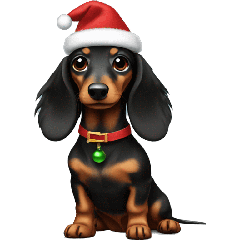 Mini long-haired, dachshund, black and brown colors wearing a Christmas dress emoji