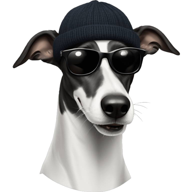 A black and white greyhound wearing cap and sunglasses and a black turtleneck sweater  emoji