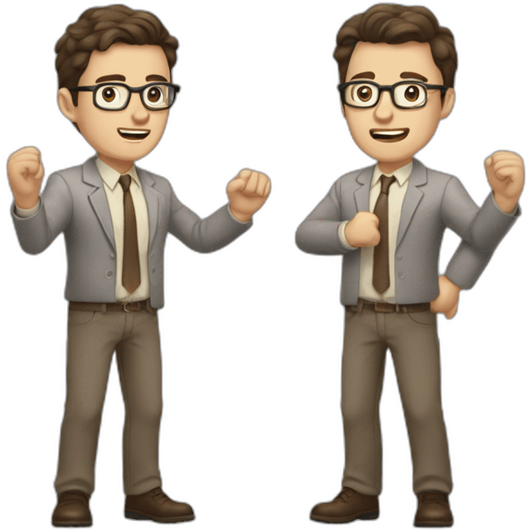 To belt Actively gesturing with hands Pale skinned fit man with dark brown hair in gray jacket, beige office shirt, brown tie, brown pants and vintage glasses. emoji