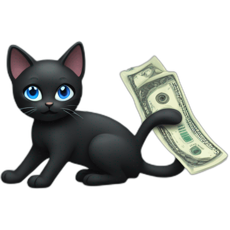 Black Cat with blue eyes holding money emoji