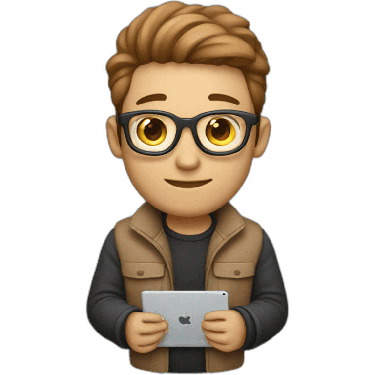 a smart light brown web developer wearing airpods and holding ipad emoji