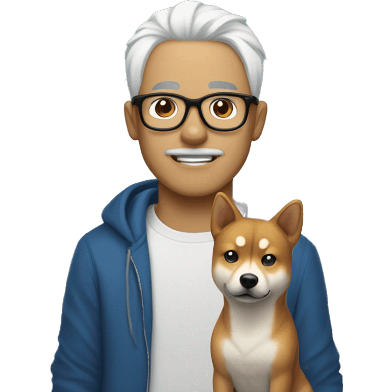 A guy with white hair tied in a ponytail, black-framed glasses, a nose piercing, a blue hoodie and a Shiba Inu dog next to him emoji