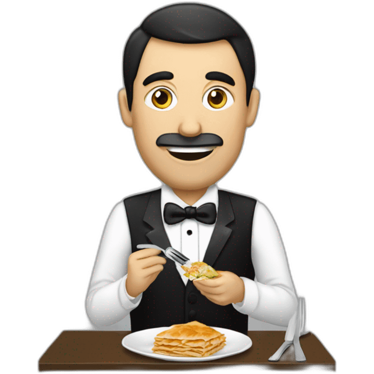 Man eating bosnian meal called Burek with fork and knife while wearing a tuxedo emoji