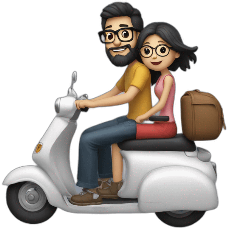 long hair boy with beard and spectacles and girl riding on black scooter emoji