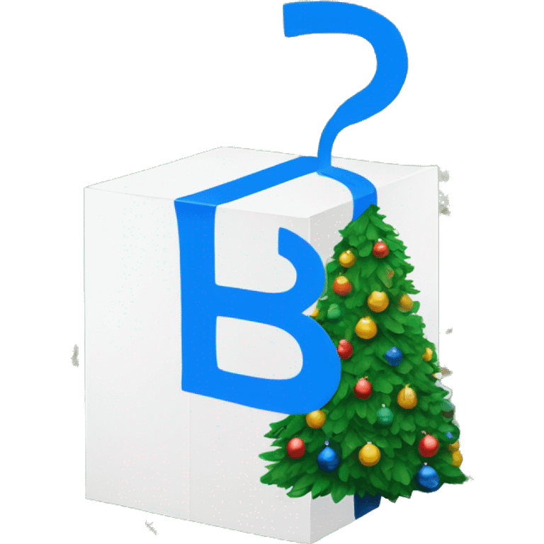 "white box with blue illustrations and a bold 'B' logo in the middle, placed beside a vibrant green Christmas tree. emoji