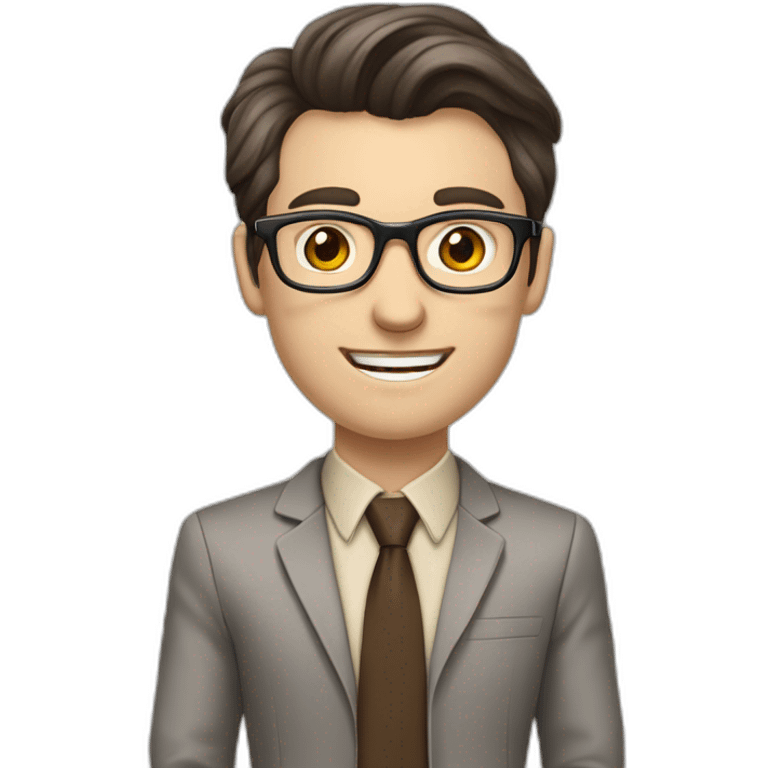 Pale skinned fit man with dark brown hair in gray jacket, beige office shirt, brown tie, brown pants and vintage glasses Writing on the flipchart emoji