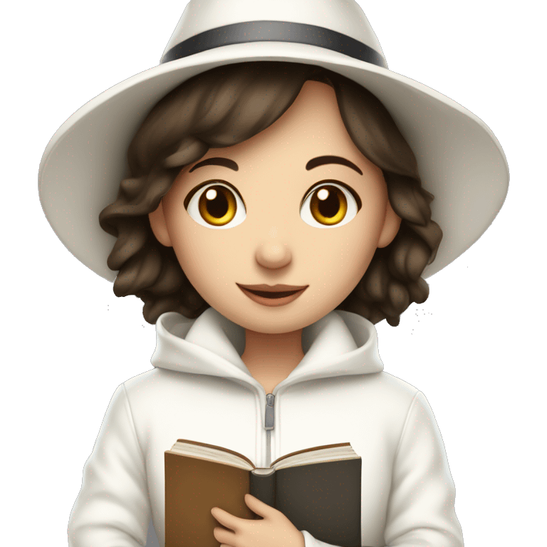 brunette girl in a white jacket in a white hat hugs a book emoji