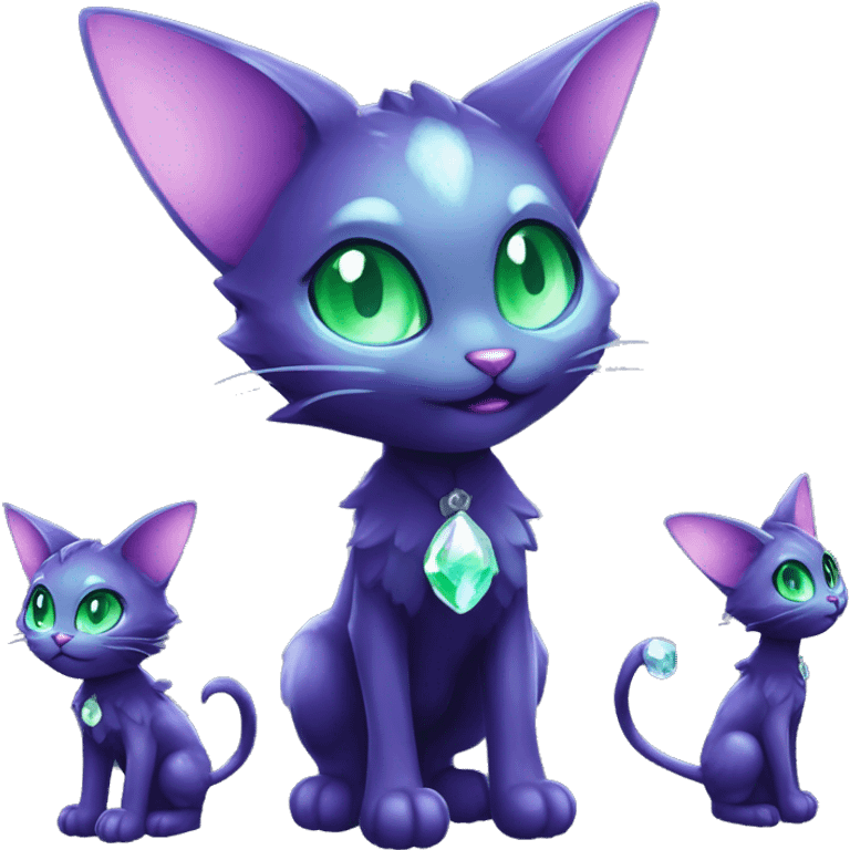 Shiny, Sparkly, Black Dark-type-Fairy-Type-Psychic-Ice-type-Fakémon-Cat Purple eyes, green gem, full body emoji