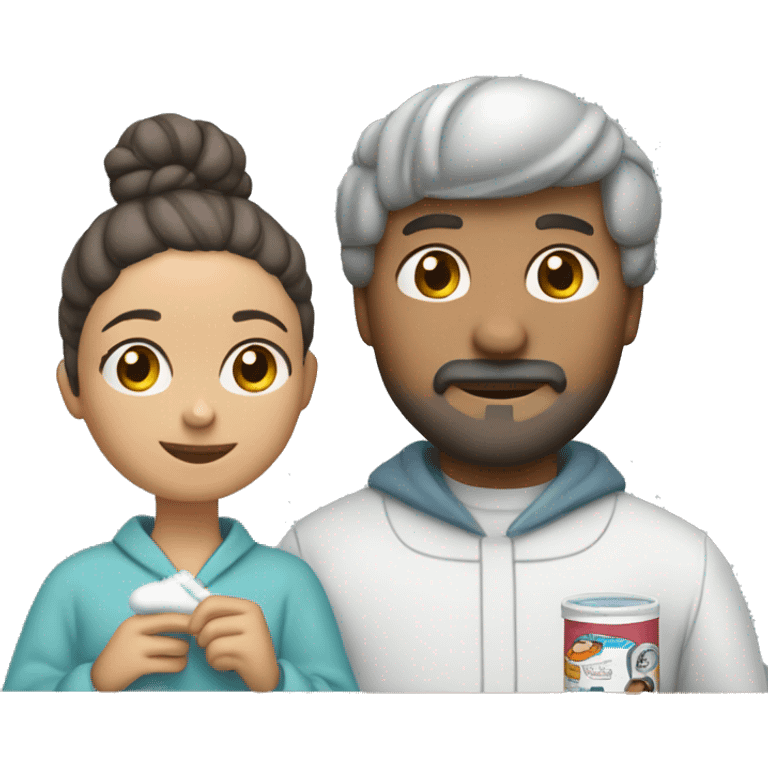 A couple brushing their teeth. She wears a snoopy tile-colored robe and a bun in her hair, and he has a beard and wears a gray sweatshirt emoji