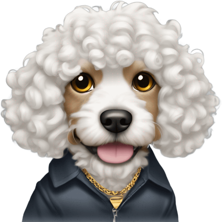 A white curly haired dog / cavapoo wearing mob boss/pimp clothing  emoji