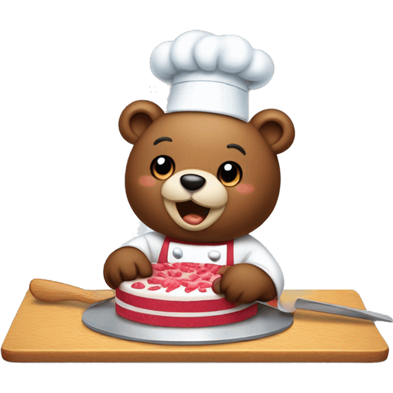 a bear chef slicing a cake on a cutting board  emoji