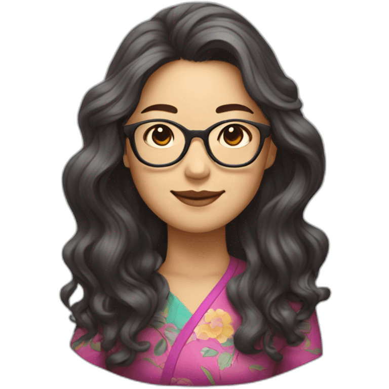 Chinese lady with long wavy hair to the shoulder wear glasses wear colorful top emoji