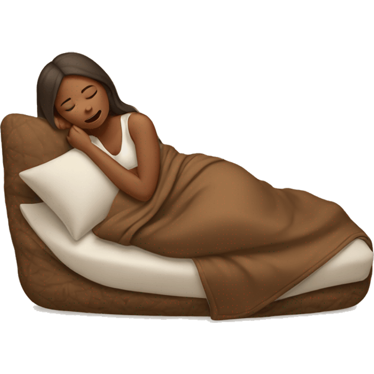 Woman sleeping from her side in a brown cozy blancket emoji