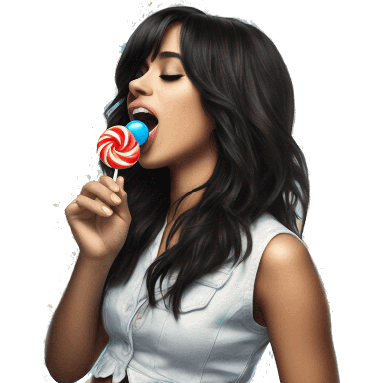 singer Camila Cabello in her CXOXO album cover, licking a blue lollypop emoji