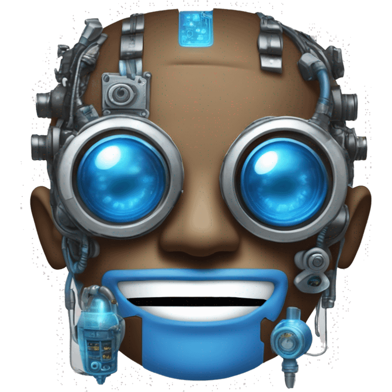 Brown cyborg head with blue Mohawk, blue beard, silver steampunk monocle goggles a smile and circuits emoji