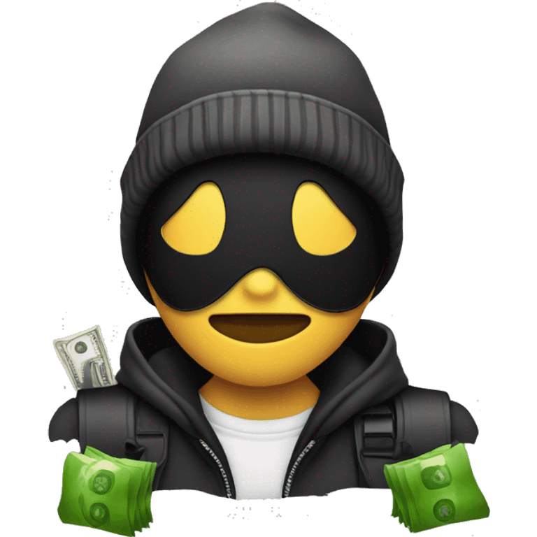 Robber Emoji with a black beanie, black eye mask with holes for his eyes, and a money bag emoji over his shoulder emoji