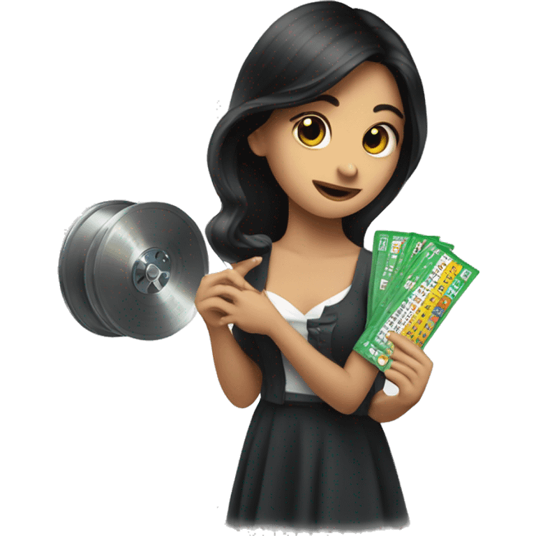 a girl with dark hair who holds a lottery ticket in her hands and spins the drawing reel emoji