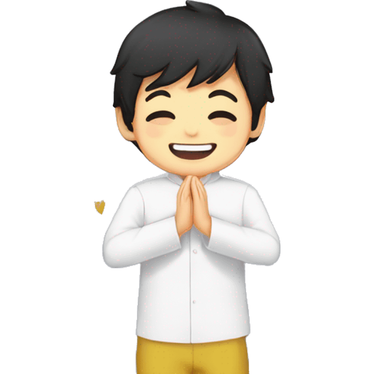 black hair boy pray hands together smile new year confetti sarong white Chinese collar shirt emoji