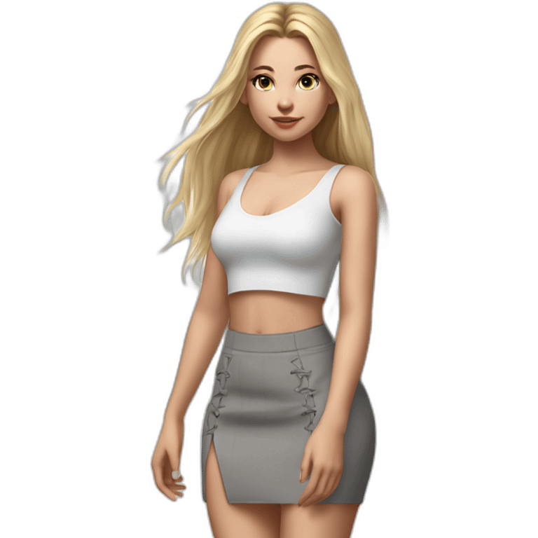 hyperrealist caucasian girl, long straight blonde hair, white v-neck laced crop top, grey tight micro skirt, walking towards camera emoji