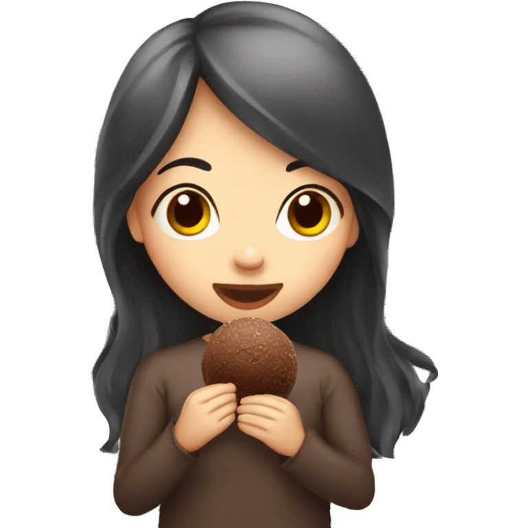 Asian girl with long hair eating chocolate truffle emoji