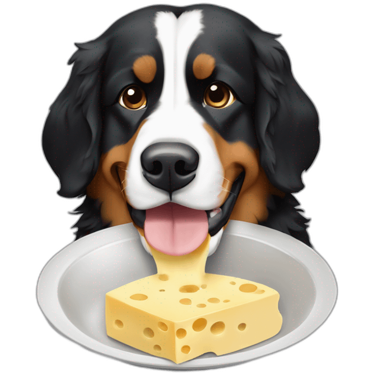 Bernese mountain dog eating a swiss cheese fondue emoji