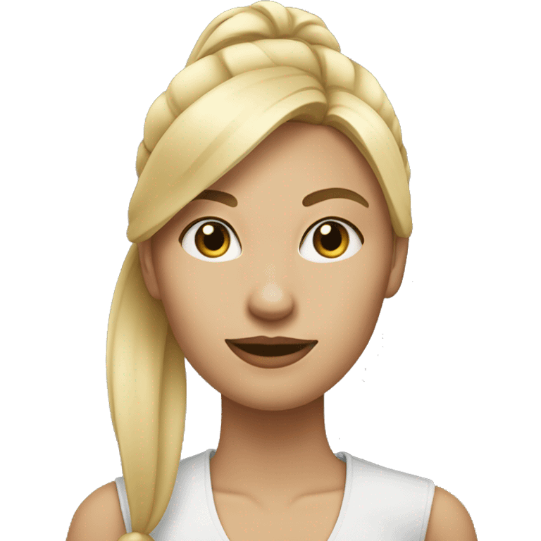 blonde woman with straight hair in ponytail with her finger horizontal under her nose  emoji