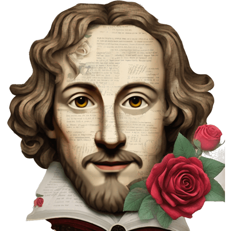 Shakespeare person made of newspaper cuttings wearing flowers, stained glass, fairy lights, bokeh, annotated sketch, handwritten letters, collage of intricate patterns, roses flowers emoji