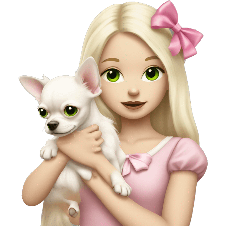 pale blond girl with long platinum hair with green eyes holding a white chihuahua puppy that wearing a pink bow emoji