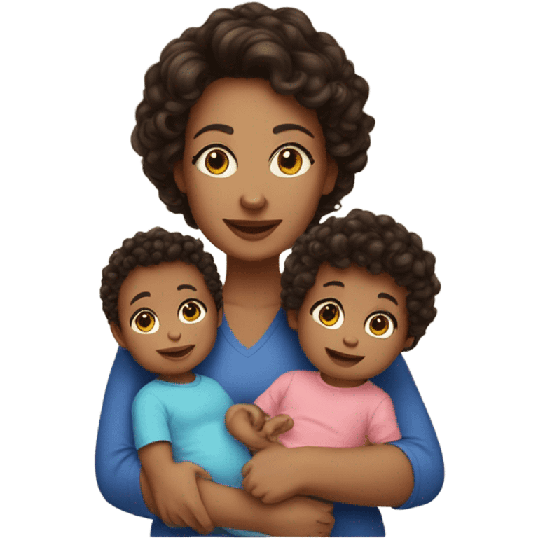 a mom with short dark brown curly hair and 2 babies one boy one girl emoji