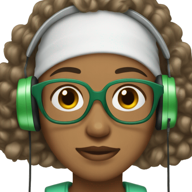 a woman with light brown skin, black eyes and black short curly hear, wearing white headphones and glasses with a green frame, small freckles emoji