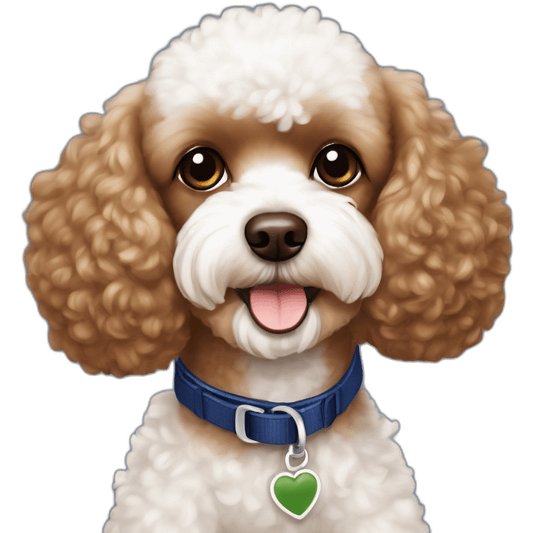 Brown toy poodle with teddy bear haircut wearing dark blue harness and all white Maltese wearing dark green harness emoji