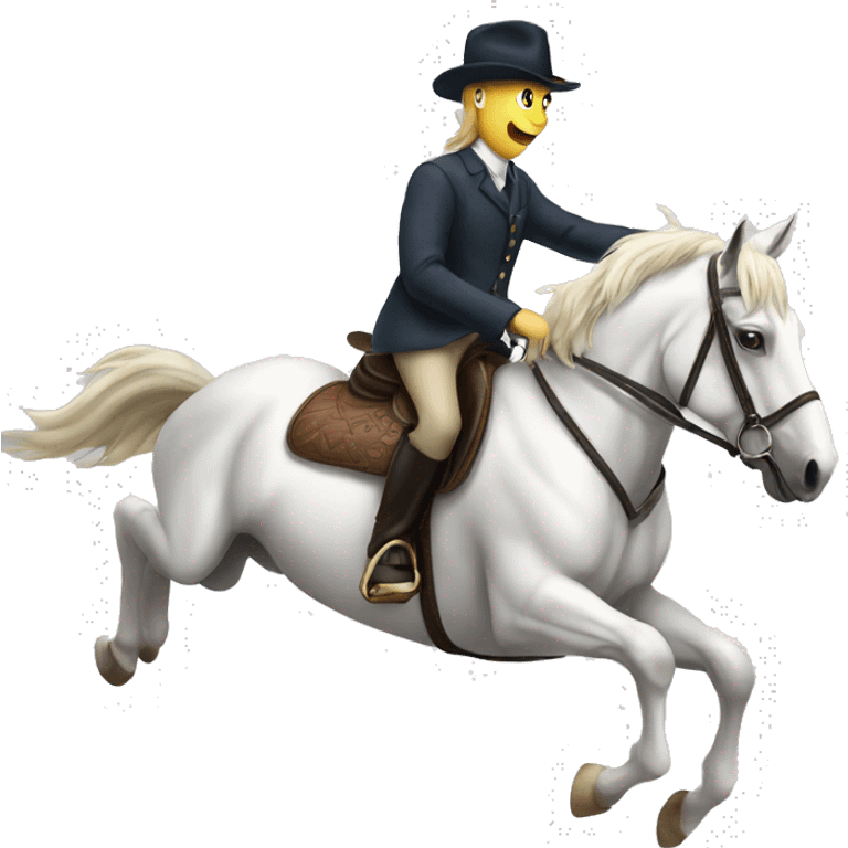 A beautiful horse that’s white with a person riding it well they are jumping high  emoji