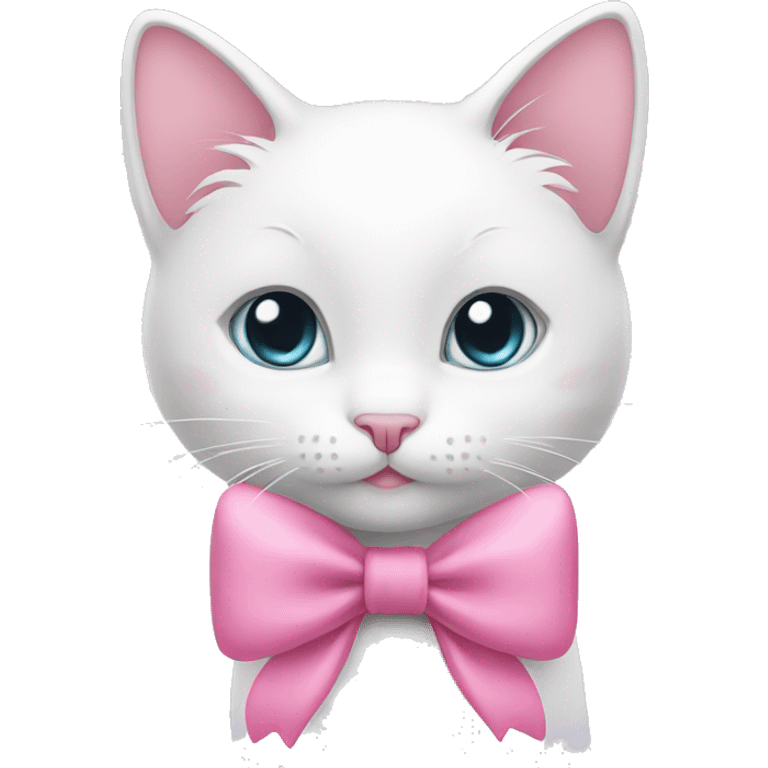 White kitty with a bow and pink hearts around emoji