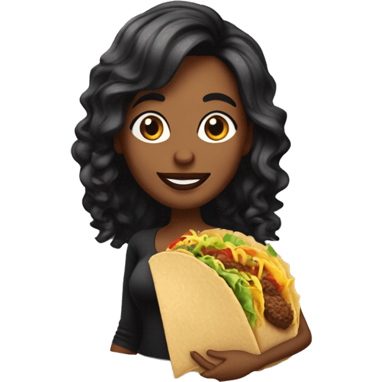 chica linda con cabello negro ondulado largo, comiendo un taco emoji