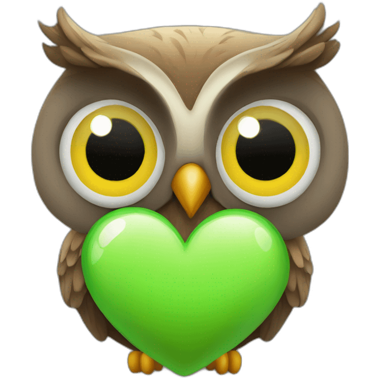 Simple Friendly owl with big eyes and green heart sitting emoji