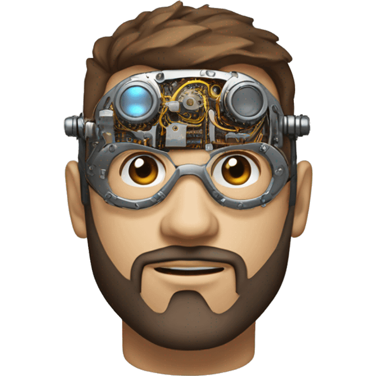 male cyborg head with brown short hair, brown beard, silver steampunk goggles and circuits emoji