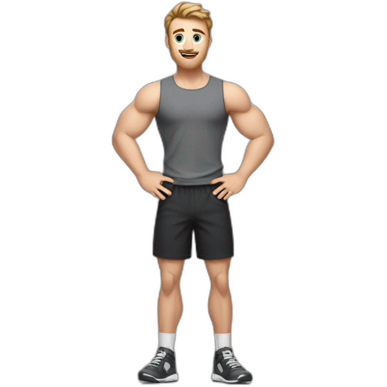 Full height Actively gesturing with hands Pale skinned Fit Man With the biceps and brown hair in dark gray Sleeveless Mike, black oversize sports shorts, Wrist watch and white Sneakers emoji